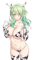 Rule 34 | 1girl, animal print, bikini, blush, breasts, ceres fauna, collarbone, commentary, cow print, elbow gloves, english commentary, gloves, green hair, highres, hololive, hololive english, kotoritoriri, large breasts, looking at viewer, mole, mole under eye, navel, simple background, smile, solo, stomach, swimsuit, thighhighs, white background, yellow eyes