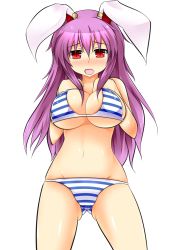 Rule 34 | 1girl, animal ears, bikini, blush, breasts, rabbit ears, grey background, groin, hand on own chest, highres, large breasts, light purple hair, long hair, navel, open mouth, red eyes, reisen udongein inaba, solo, swimsuit, touhou, transparent background, us2s