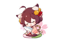 Rule 34 | 1girl, :d, ahoge, animal ears, bell, blush, bow, brown hair, brown hakama, brown kimono, chibi, closed eyes, commentary request, floral background, flot, full body, hair bell, hair between eyes, hair bow, hair ornament, hakama, hakama skirt, ichihime, japanese clothes, jingle bell, kimono, long sleeves, mahjong soul, hugging object, open mouth, red bow, seiza, short hair, sitting, skirt, sleeves past wrists, smile, solo, stuffed animal, stuffed fish, stuffed toy, white background, wide sleeves
