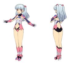Rule 34 | 1girl, ass, blue hair, boots, breasts, butt crack, full body, gloves, hair ornament, legs, leotard, long hair, multiple views, original, pink footwear, red hair, simple background, small breasts, smile, turnaround, uchiu kazuma, white background