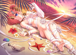 Rule 34 | 1girl, bandages, bangle, bare shoulders, barefoot, beach, blue eyes, bracelet, breasts, commentary request, detached sleeves, dutch angle, fate/grand order, fate (series), feet, flower, foreshortening, frankenstein&#039;s monster (fate), frankenstein&#039;s monster (swimsuit saber) (fate), frankenstein&#039;s monster (swimsuit saber) (third ascension) (fate), gradient sky, hair ornament, hair over one eye, hairclip, headgear, hibiscus, horizon, jewelry, jh, knee up, lens flare, lying, medium breasts, naked bandage, oean, on back, on ground, outdoors, parted lips, pink hair, sand, seashell, shell, shore, short hair, single detached sleeve, sky, smile, soles, solo, starfish, sunlight, sunset, thighs, toes, underboob, water