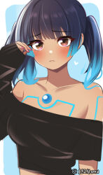 Rule 34 | 1girl, alternate costume, alternate hairstyle, black hair, blush, breasts, brown eyes, casual, chest jewel, dark-skinned female, dark skin, frown, hand on own face, heart, looking at viewer, medium breasts, multicolored hair, nail polish, namu (112namu), sena (xenoblade), simple background, solo, streaked hair, twintails, xenoblade chronicles (series), xenoblade chronicles 3
