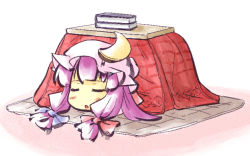 Rule 34 | 1girl, bad id, bad pixiv id, book, bow, chibi, crescent, hair bow, hair ornament, hat, kotatsu, long hair, natsuki (silent selena), open mouth, patchouli knowledge, purple hair, sleeping, solo, table, touhou, under kotatsu, under table