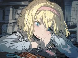 Rule 34 | 1girl, alice margatroid, bad id, bad twitter id, blonde hair, blue eyes, blush, capelet, colorized, drooling, geppewi, hairband, hand on own face, long sleeves, necktie, open mouth, saliva, scissors, short hair, sketch, slime, smile, solo, table, touhou