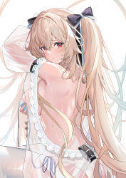 Rule 34 | 1girl, absurdres, alternate costume, anchorage (azur lane), azur lane, bikini, breasts, brown hair, collar, commentary request, covering privates, covering breasts, hair between eyes, hair ornament, highres, large breasts, long hair, looking at viewer, looking back, pout, red eyes, ribbon, simple background, solo, sora01o, string bikini, swimsuit, thighhighs, twintails, wet, white background