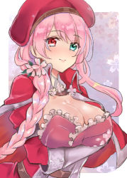 Rule 34 | 1girl, ajipontarou, beret, blush, braid, breasts, cape, cleavage, closed mouth, flower, flower knight girl, green eyes, hair flower, hair ornament, hat, heterochromia, large breasts, long hair, looking at viewer, lowres, pink hair, popped collar, purple background, red cape, red eyes, red hat, sakura (flower knight girl), shiny skin, smile, solo, upper body