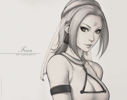 Rule 34 | 1girl, 2016, absurdres, armlet, bare shoulders, breasts, cleavage, cleavage cutout, closed mouth, clothing cutout, collar, dandon fuga, dress, earrings, eternal arcadia, facial tattoo, fina (eternal arcadia), grey background, greyscale, highres, jewelry, large breasts, light smile, lips, monochrome, portrait, see-through, short hair, simple background, sleeveless, sleeveless dress, smile, solo, tattoo, upper body, veil