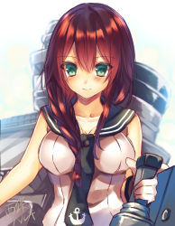 Rule 34 | 10s, 1girl, bad id, bad pixiv id, bare shoulders, blush, braid, breasts, brown hair, cleavage, gloves, gradient background, green eyes, highres, kantai collection, long hair, machinery, noshiro (kancolle), saijou yukina, school uniform, smile, solo