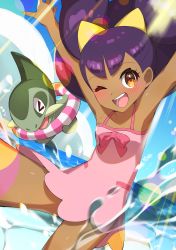 Rule 34 | &gt; &lt;, 1girl, ;d, absurdres, axew, bare arms, blurry, commentary request, creatures (company), dark-skinned female, dark skin, day, eyelashes, floating hair, game freak, gen 5 pokemon, highres, iris (pokemon), long hair, looking at viewer, nintendo, one-piece swimsuit, one eye closed, open mouth, outdoors, pink one-piece swimsuit, pokemon, pokemon (anime), pokemon (creature), pokemon bw087, pokemon bw (anime), purple hair, shiny skin, smile, splashing, swimsuit, taisa (lovemokunae), teeth, tongue, two side up, water