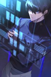 Rule 34 | 1boy, black background, black shirt, blue eyes, brown hair, commentary, crossed arms, grey pants, highres, holographic interface, holographic monitor, indoors, inkerpape, kaiba seto, looking up, male focus, night, no coat, pants, serious, shirt, short hair, solo, turtleneck, turtleneck shirt, upper body, yu-gi-oh!, yu-gi-oh! duel monsters