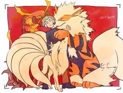 Rule 34 | 1boy, alternate costume, arcanine, black shirt, border, brown pants, centiskorch, closed mouth, commentary request, creatures (company), game freak, gen 1 pokemon, gen 8 pokemon, grey hair, gym leader, hand up, kabu (pokemon), looking at viewer, male focus, multicolored hair, ninetales, nintendo, ohhhhhhtsu, pants, pokemon, pokemon (creature), pokemon swsh, shirt, shoes, standing, two-tone hair, viewfinder, white border