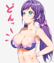 Rule 34 | 1girl, arms behind back, blush, bra, breasts, cleavage, closed mouth, collarbone, green eyes, large breasts, love live!, navel, niaru (r2pi), polka dot, polka dot bra, purple bra, purple hair, shiny skin, simple background, smile, solo, tojo nozomi, twintails, underwear, upper body, white background