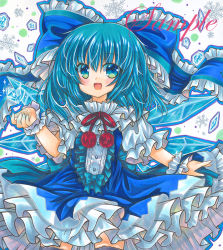 Rule 34 | 1girl, :d, adapted costume, black thighhighs, blue bow, blue dress, blue eyes, blue hair, bow, center frills, cirno, cowboy shot, dress, fang, frilled bow, frilled dress, frills, hair between eyes, hair bow, ice, large bow, looking at viewer, marker (medium), medium hair, neck ribbon, open mouth, puffy short sleeves, puffy sleeves, red ribbon, ribbon, rui (sugar3), sample watermark, short sleeves, skin fang, smile, snowflake background, solo, thighhighs, touhou, traditional media, watermark, white background, wings, wrist cuffs, zettai ryouiki