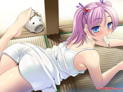 Rule 34 | 1girl, 2008, ass, back, barefoot, blue eyes, cle masahiro, feet, flat chest, food, galge.com, looking back, lying, mouth hold, nipple slip, nipples, no bra, on stomach, original, pink hair, popsicle, solo, tatami, twintails, wallpaper