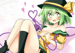 Rule 34 | 1girl, bare shoulders, black hat, black socks, blush, bow, breasts, collarbone, green eyes, green hair, green skirt, hair between eyes, hat, hat bow, heart, heart-shaped pupils, heart of string, keyaki chimaki, kneehighs, komeiji koishi, looking at viewer, lying, no panties, off shoulder, on back, open clothes, open mouth, short hair, skirt, small breasts, smile, socks, symbol-shaped pupils, touhou, yellow bow