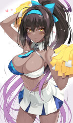 Rule 34 | 1girl, alternate costume, bare shoulders, black hair, blue archive, blush, bow, breasts, breath, cheerleader, cosplay, cowboy shot, crop top, dark-skinned female, dark skin, hair bow, halo, heavy breathing, highres, holding, holding pom poms, karin (blue archive), large breasts, long hair, looking at viewer, midriff, millennium cheerleader outfit (blue archive), navel, ohta yuichi, pom pom (cheerleading), pom poms, ponytail, skirt, solo, steam, steaming body, sticker on face, sweat, white skirt, yellow eyes