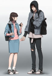 Rule 34 | 1boy, 1girl, absurdres, aconitea, arm at side, arm behind back, arms up, backpack, bag, black bag, black footwear, black hair, black pants, black shirt, blue eyes, blue jacket, blue skirt, breast pocket, brown hair, cigarette, cropped jacket, drawstring, full body, gradient background, grey background, grey jacket, grey shirt, grin, hair ornament, hairclip, highres, holding, holding cigarette, holding phone, holding strap, hood, hood up, hooded jacket, jacket, layered clothes, long sleeves, looking at another, looking to the side, nail polish, open clothes, open jacket, open mouth, original, pants, parted lips, pencil skirt, phone, pink nails, pink shirt, pocket, profile, shirt, shirt under jacket, shoes, short hair, simple background, skirt, smile, sneakers, socks, standing, torn clothes, torn pants, turtleneck, white legwear