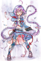 Rule 34 | 1girl, ahoge, belt, blood, book, bow, braid, cuts, glasses, gradient background, hantoumei namako, highres, holding, holding weapon, injury, knife, long hair, midriff, open mouth, purple hair, ribbon, school uniform, serafuku, sheath, shoes, skirt, striped, striped background, torn clothes, twintails, very long hair, weapon