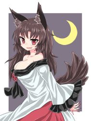 Rule 34 | 1girl, animal ears, black frills, breasts, brooch, brown hair, brown tail, chups, cleavage, crescent moon, dress, fang, fingernails, frilled sleeves, frills, highres, imaizumi kagerou, jewelry, large breasts, long fingernails, long hair, long sleeves, looking at viewer, moon, nail polish, night, off-shoulder dress, off shoulder, open mouth, outdoors, red eyes, red nails, smile, solo, tail, touhou, white dress, wide sleeves, wolf ears, wolf tail