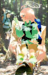 Rule 34 | absurdres, aris (blue archive), backpack, bag, blue archive, blue hair, blue jacket, bm tol, cargo shorts, dark blue hair, exhausted, forest, green jacket, green tea, halo, hand up, highres, hoshino (blue archive), jacket, leg warmers, long hair between eyes, multiple girls, nature, pink hair, shorts, tea, tree stump