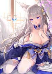 Rule 34 | 1girl, absurdres, animal ear fluff, animal ears, areola slip, artist name, azur lane, bare shoulders, blue eyes, blue kimono, breasts, bug, butterfly, cleavage, detached collar, fallen-leaves, fox ears, fox girl, fox tail, grey hair, highres, insect, japanese clothes, kimono, large breasts, long hair, looking at viewer, open mouth, shinano (azur lane), sitting, solo, tail, thighhighs, white thighhighs