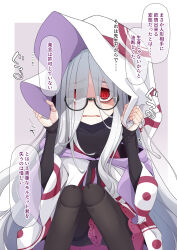 Rule 34 | ...!, 1girl, bags under eyes, black-framed eyewear, black dress, black pantyhose, covered collarbone, doll joints, dress, eyes visible through hair, fangs, glasses, grey background, grey hair, hair over one eye, hands up, hat, highres, hood, hood down, hooded robe, iberis (ogami kazuki), joints, knees together feet apart, knees up, long sleeves, off shoulder, ogami kazuki, original, pantyhose, parted lips, red eyes, robe, semi-rimless eyewear, sleeves past wrists, solo, thick eyebrows, thighband pantyhose, translation request, two-tone background, under-rim eyewear, white background, white hat, white robe, witch hat