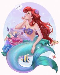 Rule 34 | 1girl, air bubble, ariel (disney), bare shoulders, breasts, bubble, butterflyfish, clownfish, commentary, coral, english commentary, fish, flower, fork, full body, hair flower, hair ornament, highres, long hair, looking to the side, luztapiaart, medium breasts, mermaid, monster girl, profile, purple flower, red hair, red lips, shell, shell bikini, the little mermaid, tropical fish, underwater