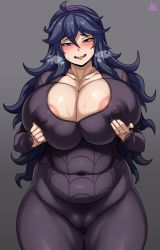 Rule 34 | 1girl, @ @, absurdres, ahoge, alternate breast size, areola slip, belly, blush, breasts, cleavage, covered erect nipples, creatures (company), dress, foreshortening, game freak, grey background, hair between eyes, hairband, half-closed eyes, hex maniac (pokemon), highres, huge breasts, jmg, long hair, long sleeves, looking at viewer, matching hair/eyes, messy hair, nail polish, nintendo, npc trainer, plump, pokemon, pokemon xy, purple dress, purple eyes, purple hair, simple background, smile, solo, thick thighs, thighs, wavy mouth
