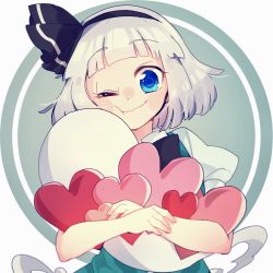 Rule 34 | 1girl, ;), bad id, bad twitter id, black hairband, blue eyes, blush, ghost, green skirt, green vest, hair ornament, hair ribbon, hairband, heart, highres, holding, holding heart, konpaku youmu, konpaku youmu (ghost), looking at viewer, one eye closed, re1ju, ribbon, short hair, silver hair, skirt, smile, solo, touhou, vest