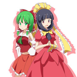 Rule 34 | &gt;:(, 2girls, alternate hairstyle, ascot, black hair, bow, cato (monocatienus), color switch, cosplay, costume switch, detached sleeves, front ponytail, frown, green ascot, green eyes, green hair, hair bow, hair ribbon, hair tubes, hairstyle switch, hakurei reimu, hakurei reimu (cosplay), hands in opposite sleeves, hands on own hips, kagiyama hina, kagiyama hina (cosplay), looking at viewer, multiple girls, open mouth, own hands clasped, own hands together, puffy short sleeves, puffy sleeves, red eyes, ribbon, sarashi, shadow, short sleeves, simple background, skirt, skirt set, touhou, v-shaped eyebrows, white background, wrist ribbon