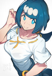 Rule 34 | 1girl, artist logo, blue eyes, blue hair, blue pants, breasts, bright pupils, collarbone, creatures (company), freckles, game freak, hair ornament, hand up, hata4564, highres, hoop, lana&#039;s mother (pokemon), large breasts, looking at viewer, mature female, medium hair, nintendo, no sclera, pants, pokemon, pokemon (anime), pokemon sm (anime), shirt, short sleeves, simple background, smile, solo, swept bangs, white background, white pupils, white shirt