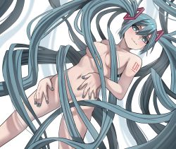 Rule 34 | 1girl, :3, absurdly long hair, aqua eyes, aqua hair, arm tattoo, breasts, completely nude, convenient censoring, hair between eyes, hair censor, hair over breasts, hatsune miku, highres, jourd4n, long hair, medium breasts, nail polish, navel, nude, solo, standing, tattoo, twintails, underboob, very long hair, vocaloid, white background