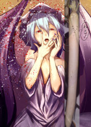 Rule 34 | 1girl, bad id, bad pixiv id, bare shoulders, bat wings, blood, blue hair, breasts, calpish, cleavage, colored eyelashes, colorized, dress, fangs, food, hand on own face, hat, long sleeves, looking at viewer, mob cap, nail polish, off shoulder, open mouth, pink dress, red eyes, remilia scarlet, sketch, small breasts, solo, text focus, touhou, wings