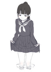 Rule 34 | 1girl, black hair, blunt bangs, clothes lift, greyscale, highres, looking at viewer, monochrome, natuich, original, partially submerged, pleated skirt, ponytail, school uniform, serafuku, simple background, skirt, skirt lift, smile, soaking feet, standing, upper body, water, white background