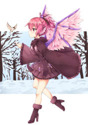 Rule 34 | 1girl, absurdres, akiteru (akiteru98), alternate costume, alternate hairstyle, bare tree, bird, blue sky, boots, bow, bowtie, cape, commentary request, day, dress, feathered wings, frilled sleeves, frills, from side, full body, fur trim, head wings, high heel boots, high heels, highres, hood, hooded cape, long sleeves, mystia lorelei, no headwear, outdoors, pink eyes, pink hair, pink wings, ponytail, profile, purple bow, purple bowtie, purple cape, purple dress, purple footwear, short hair, sky, snow, solo, standing, standing on one leg, thighs, touhou, tree, wide sleeves, wings