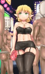 Rule 34 | 1girl, 4boys, abs, ass, bandeau, bare arms, bare shoulders, black panties, black skirt, black thighhighs, blonde hair, breasts, bustier, cleavage, earrings, fundoshi, garter straps, green eyes, japanese clothes, jewelry, lowleg, lowleg skirt, medium breasts, microskirt, midriff, mizuhashi parsee, multiple boys, navel, necklace, panties, pantyshot, pencil skirt, pointy ears, revealing clothes, shirosato, sin sack, skindentation, skirt, smile, standing, stomach, strapless, taut clothes, thighhighs, thighs, touhou, tube top, underwear, valentine