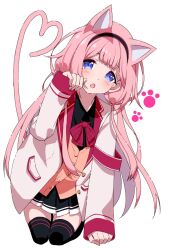 Rule 34 | 1girl, animal ears, black hairband, black shirt, black skirt, black thighhighs, blue eyes, blush, bow, bowtie, brown cardigan, cardigan, cat ears, cat girl, cat tail, collared shirt, commentary request, hairband, hand up, heart, heart tail, jacket, kemonomimi mode, kneeling, long hair, long sleeves, looking at viewer, nijisanji, omas lie, open clothes, open jacket, open mouth, paw pose, pink hair, plaid, plaid bow, plaid bowtie, pleated skirt, school uniform, selene girls school uniform, shirt, simple background, skirt, solo, suo sango, suo sango (1st costume), tail, thighhighs, virtual youtuber, white background, white jacket