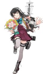 Rule 34 | &gt;:), 1girl, black hair, bouquet, brown eyes, dress, flower, fujikawa, full body, grey thighhighs, grin, holding, holding bouquet, kantai collection, long hair, long sleeves, machinery, multicolored hair, naganami (kancolle), naganami kai ni (kancolle), official art, pink hair, purple dress, smile, solo, thighhighs, transparent background, turret, v-shaped eyebrows, zettai ryouiki
