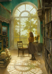 Rule 34 | 1girl, baluster, book, hugging book, bookshelf, brown hair, chair, commentary, dappled sunlight, english commentary, flower, from behind, from side, holding, holding book, indoors, interior, library, medium hair, muntins, hugging object, original, painting (object), picture frame, pile of books, railing, reengirl, solo, standing, sunflower, sunlight, table, vase, window, yellow flower