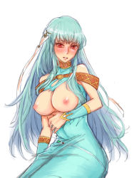 Rule 34 | 1girl, aqua hair, bare shoulders, blush, breasts, breasts out, dress, fire emblem, fire emblem: the blazing blade, fire emblem heroes, full-face blush, hair ornament, highres, large breasts, long hair, looking at viewer, ninian, nintendo, nipples, pocari66, red eyes, solo