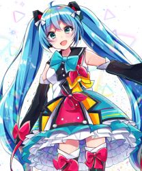 Rule 34 | 1girl, :d, ahoge, black thighhighs, blue hair, blue skirt, blush, bow, commentary request, detached sleeves, green eyes, hair between eyes, hair ornament, hatsune miku, long hair, long sleeves, looking at viewer, minami saki, open mouth, red bow, shirt, sidelocks, skirt, sleeveless, sleeveless shirt, sleeves past wrists, smile, solo, thighhighs, twintails, very long hair, vocaloid, white background, white shirt
