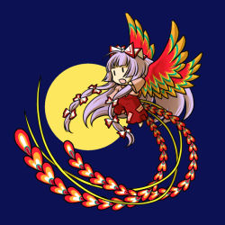 Rule 34 | 1girl, bird, chibi, female focus, fujiwara no mokou, full moon, moon, phoenix, simple background, socha, solo, touhou, wings, | |