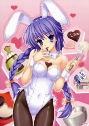 Rule 34 | 1girl, absurdres, animal ears, bare shoulders, blue eyes, blush, bow, bowtie, braid, chocolate, cream, egg beater, fake animal ears, fingernails, goma satoshi, heart, highres, long hair, looking at viewer, pantyhose, playboy bunny, purple hair, rabbit ears, rabbit tail, solo, standing, tail, twin braids, whisk, wrist cuffs