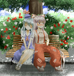 Rule 34 | 2girls, absurdres, arm around shoulder, blue dress, blue sky, blush, bow, cloud, commentary request, dappled sunlight, day, dress, closed eyes, flower, fujiwara no mokou, hair bow, hair ribbon, hat, highres, indo (mdtanaka2007), kamishirasawa keine, leaning on person, long hair, multiple girls, neckerchief, ofuda, pants, puffy short sleeves, puffy sleeves, red eyes, ribbon, shirt, short sleeves, silver hair, sky, smile, sunlight, suspenders, tile floor, tiles, touhou, tree, tress ribbon, v arms, very long hair, wavy mouth, yuri