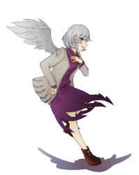 Rule 34 | 1girl, ;d, brown footwear, dress, hand on own chest, jacket, kishin sagume, nyula xiaola, one eye closed, open mouth, red eyes, shoes, short hair, silver hair, simple background, single wing, smile, solo, touhou, wings
