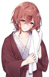 Rule 34 | 1girl, bath yukata, breasts, brown hair, cleavage, collarbone, commentary request, hair ornament, hairclip, highres, higuchi madoka, holding, holding towel, idolmaster, idolmaster shiny colors, japanese clothes, kimono, looking at viewer, medium breasts, mole, mole under eye, purple eyes, short hair, simple background, solo, toujou masateru, towel, upper body, white background, yukata