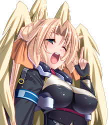 Rule 34 | 1girl, angel wings, blonde hair, blue eyes, breasts, covered erect nipples, highres, horns, kyoukaisenjou no horizon, large breasts, long hair, margot knight, one eye closed, open mouth, pointing, pointing up, simple background, solo, takanashi-a, upper body, wings, wink