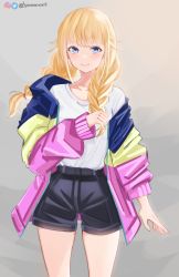 Rule 34 | 1girl, absurdres, black shorts, blonde hair, blue eyes, blunt bangs, blush, braid, collarbone, cowboy shot, highres, holding, holding own hair, instagram logo, jacket, knownameart, looking at viewer, multicolored clothes, multicolored jacket, paripi koumei, shirt, shorts, smile, solo, standing, thighs, tsukimi eiko, twin braids, twitter logo, twitter username, white shirt