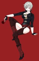 Rule 34 | 1girl, bad id, bad pixiv id, blue eyes, blush, boots, breasts squeezed together, breasts, cleavage, commentary request, dante (devil may cry), devil may cry (series), dishing, fingerless gloves, flower, full body, garter straps, genderswap, genderswap (mtf), gloves, high heel boots, high heels, highres, jacket, unworn jacket, large breasts, looking at viewer, one eye closed, open clothes, rose, short hair, short shorts, shorts, skindentation, smile, solo, thighhighs, underboob, white hair
