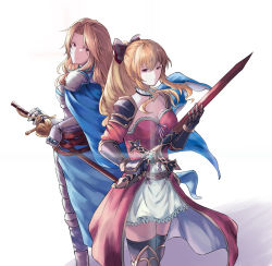 Rule 34 | 2girls, absurdres, armor, back-to-back, black gloves, black thighhighs, blonde hair, blue cape, bow, breasts, brown eyes, brown hair, cape, choker, cleavage, floating hair, gauntlets, gloves, granblue fantasy, grey bow, hair between eyes, hair bow, hair intakes, highres, holding, holding sword, holding weapon, katalina (granblue fantasy), long hair, looking at viewer, looking back, medium breasts, miniskirt, multiple girls, no shigua6417, ponytail, sheath, sheathed, shoulder armor, simple background, skirt, standing, strapless, sword, thighhighs, very long hair, vira (granblue fantasy), weapon, white background, white choker, white skirt